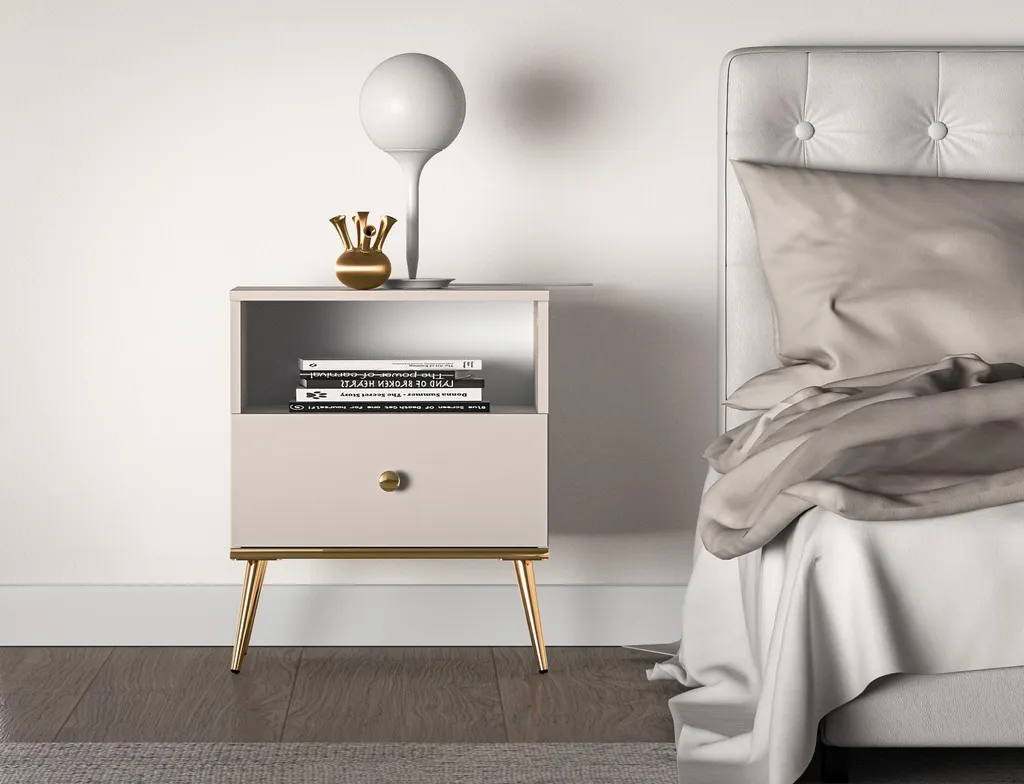 Comodino Design LUNA Beige Oro: Eleganza Esclusiva per Camera da Letto