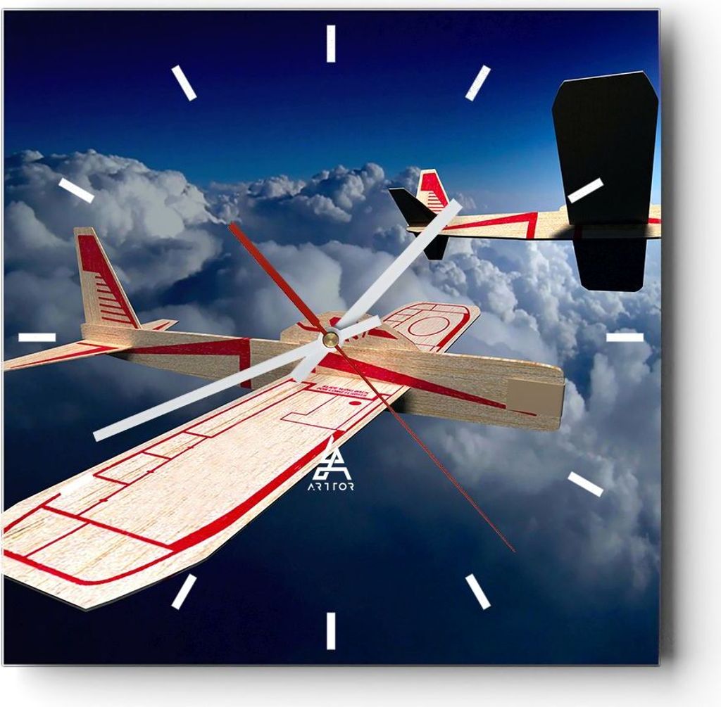 Wanduhr - Quadrat - Glasuhr - Segelflugzeuge fliegen hoch Modell - 30x30cm - Schleichendes Uhrwerk - Lautlos - zum Aufhängen bereit - Dekoration M...