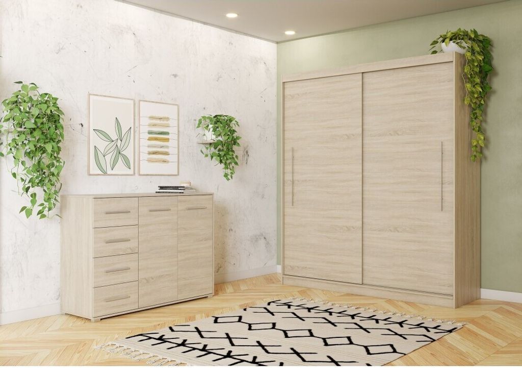 2er-Set Schwebetürenschrank Kleiderschrank Schrank zweitürig 204 cm Kommode 135 cm Sonoma/Sonoma Torino II Frida 01