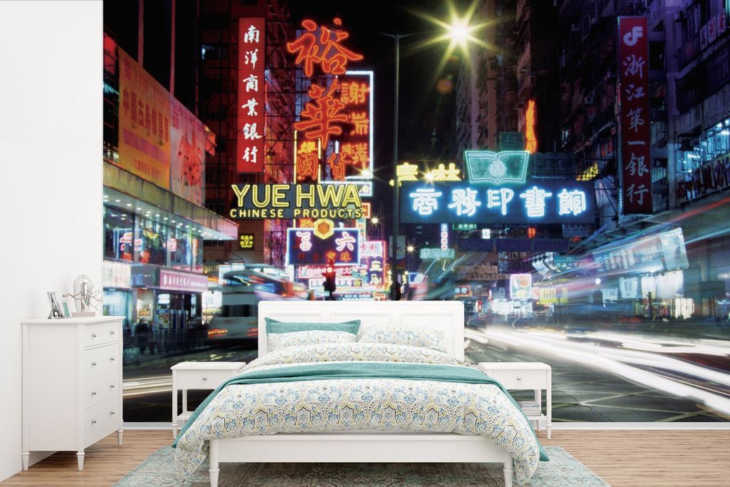 MuchoWow Fototapete für Wohnzimmer oder Schlafzimmer Wandtapete Vinyl Motivtapete Hongkong - Neon - Urban - 420x280 cm - Zimmer für Kinder