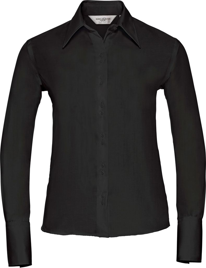 Russell Collection Bluse, Langarm, bügelfrei BC1034 (M) (Schwarz)