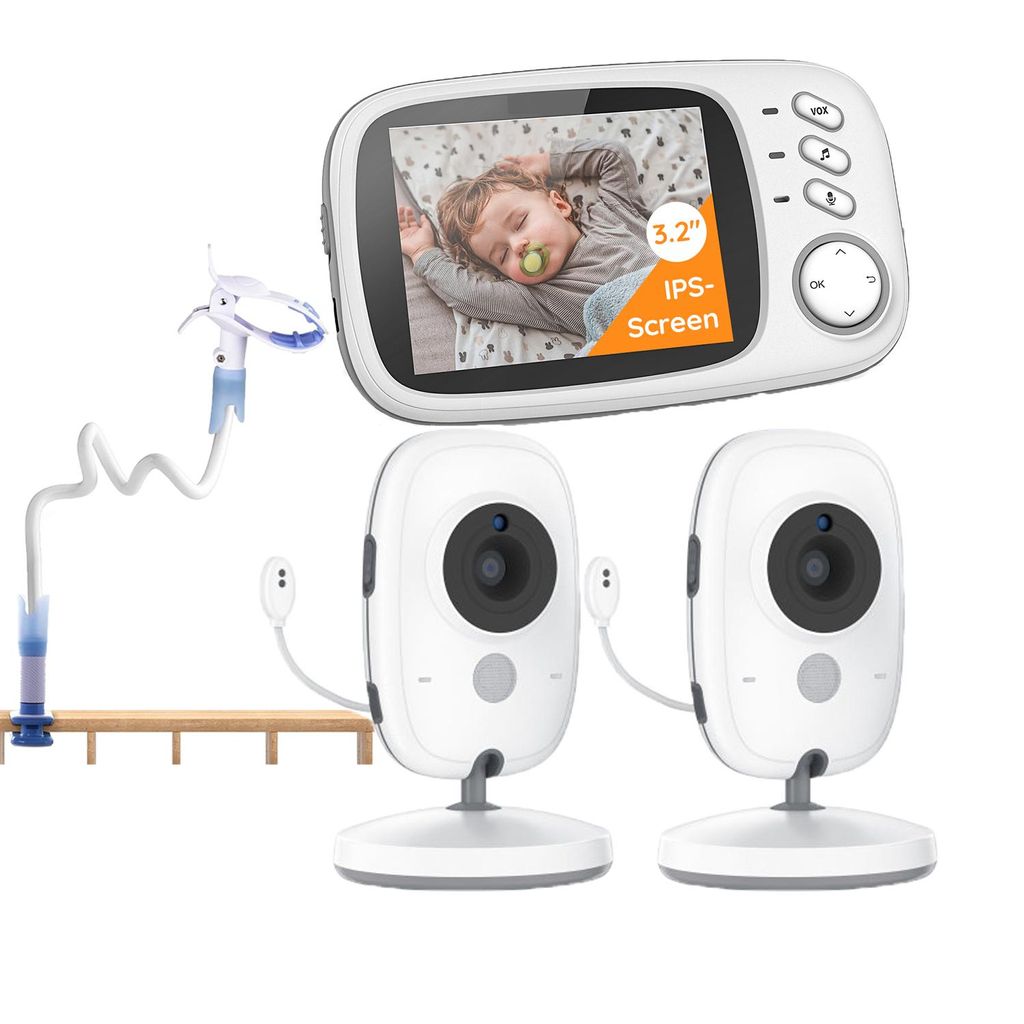Babyphone mit 2 kameras mit Halterung 3,2 Zoll Babyphone mit Temperaturüberwachung Zwei-Wege-Gegensprechanlage Schlaflied VOX