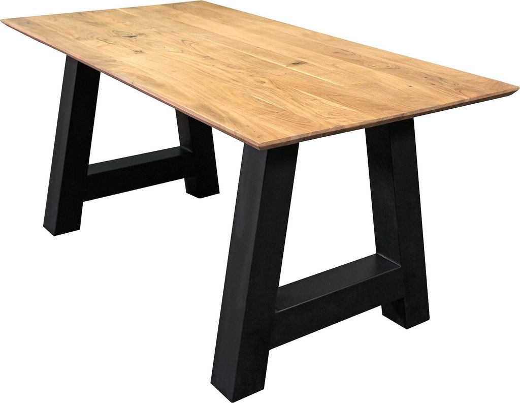 Esstisch 180x90 cm Amalie, Akazienholz massiv + naturfarben, Esszimmertisch mit Schweizer Kante, A-Metallgestell Schwarz, massiver Holztisch, Tisch...