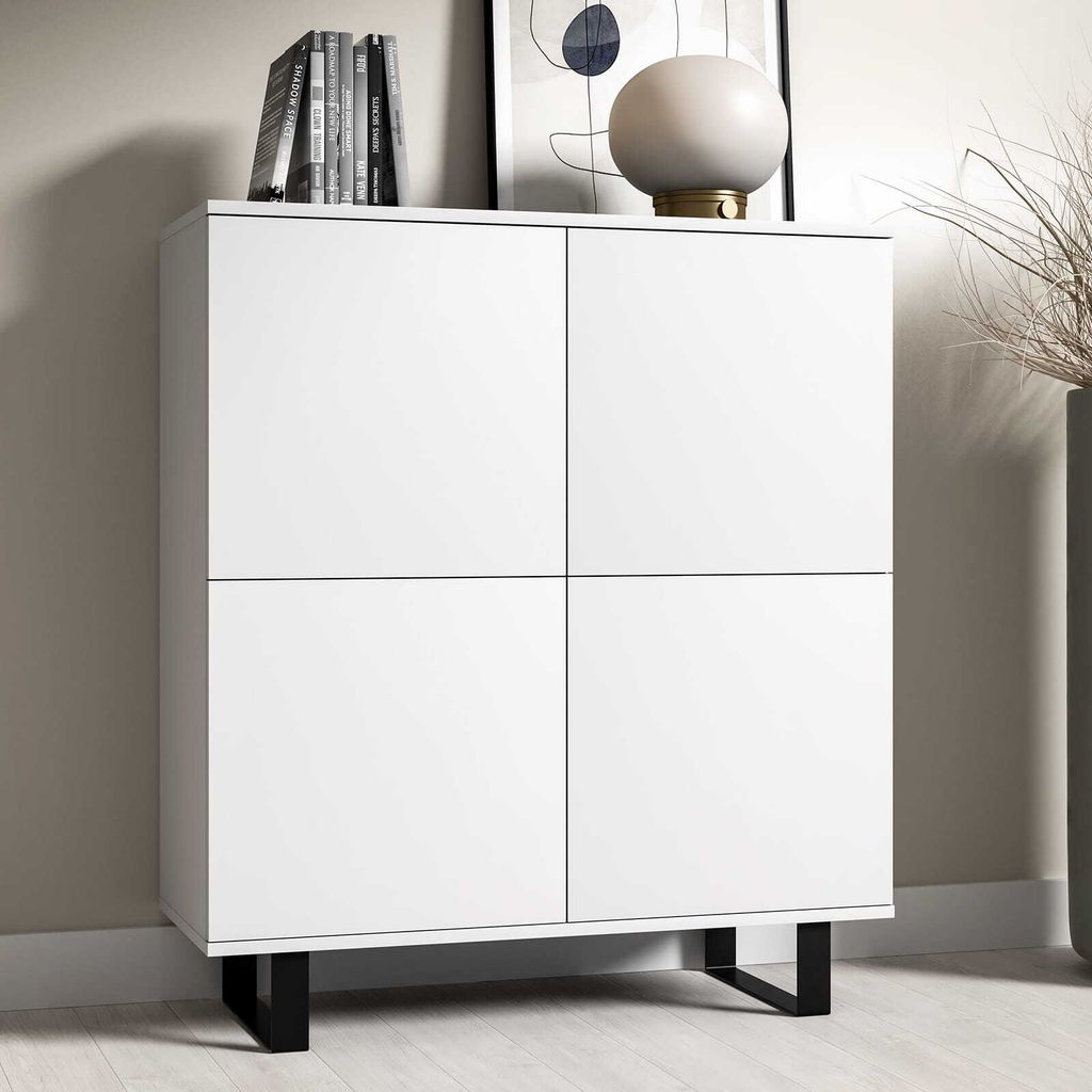 Kommode 4-Türig, Aufbewahrungsschrank, Sideboard, 100 cm, Weiß, Loft-Design, "Masimo"