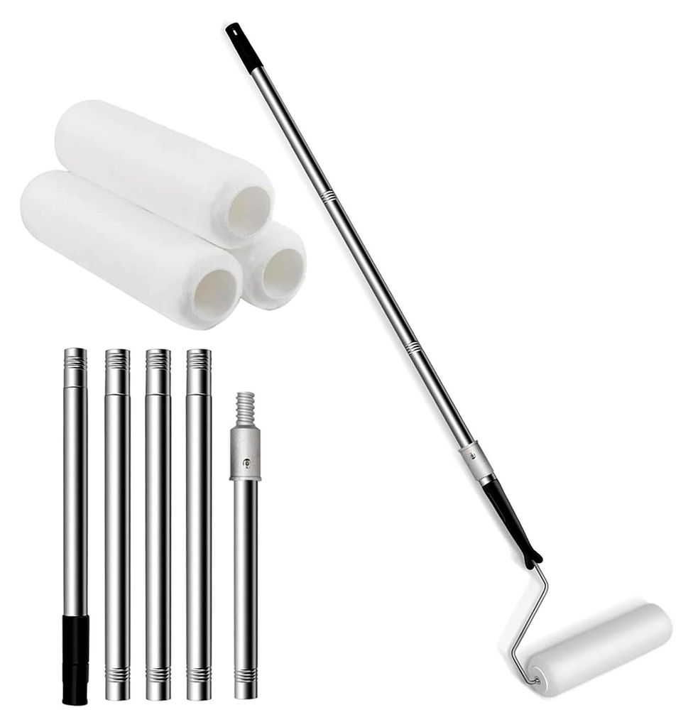 Langes Wandmalwerkzeug für den Haushalt mit ausziehbaren Rollstangen und 3 Bürstenköpfen, Teleskop Farbroller Set aus Edelstahl
