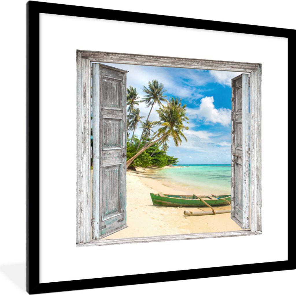 MuchoWow Gerahmtes Poster Kanu - Strand - Palme - Aussicht 40x40 cm - Poster mit Schwarzem Bilderrahmen Wandposter Rahmen Foto Bilder - Poster - ...