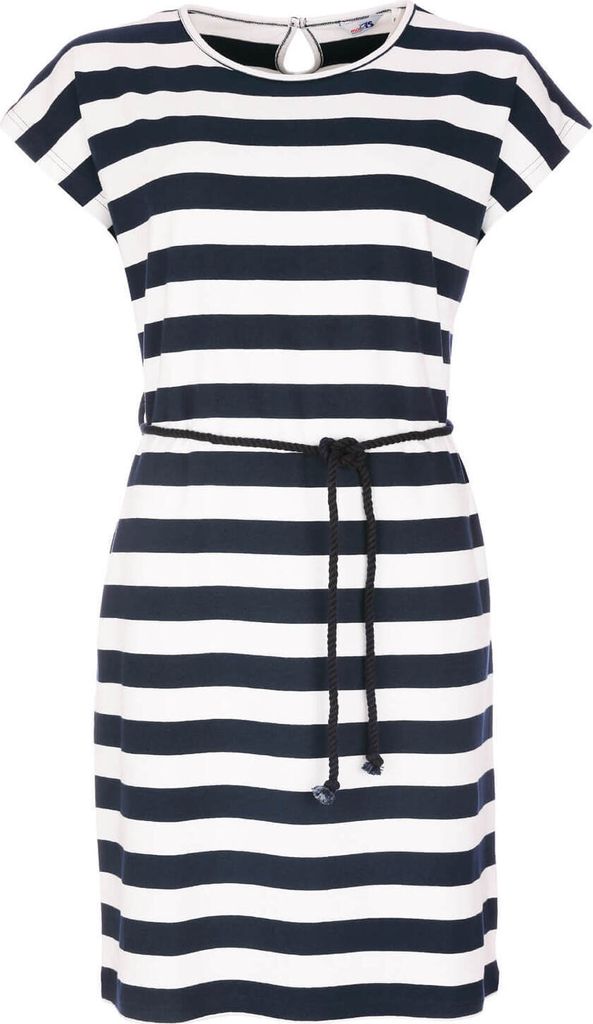 modAS Damen Kleid Kurzarm mit Blockstreifen - Streifenkleid mit Kordelband in der Taille in Blau-Weiß Größe M