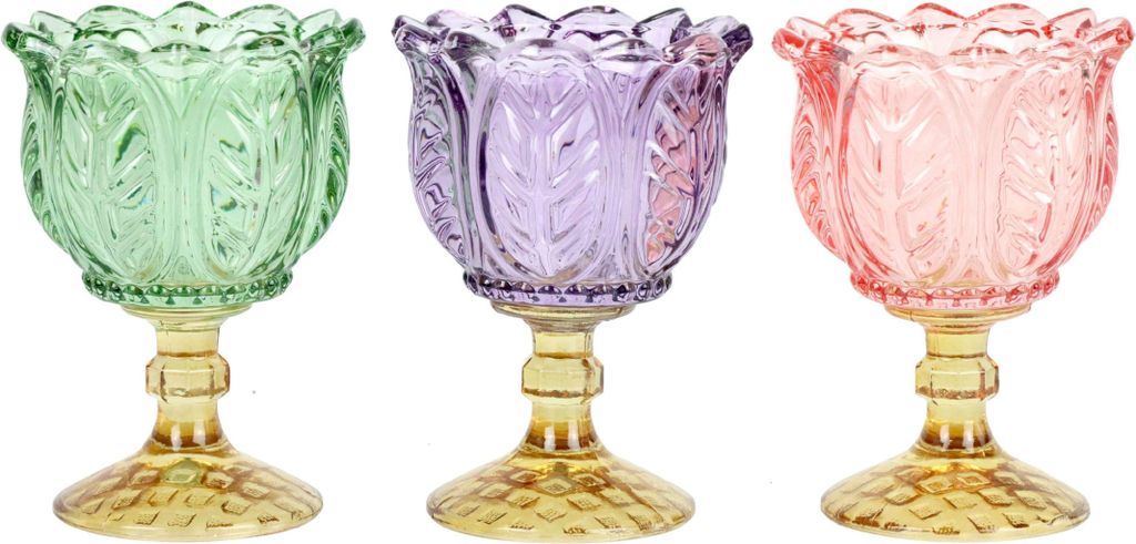 FURNARO Pokal-Teelichthalter Valencia im 3er-Set Glas Windlichter in Lila, Grün & Rosa, ca. 11cm hoch, dekorativ für Frühling, Sommer & festlich...