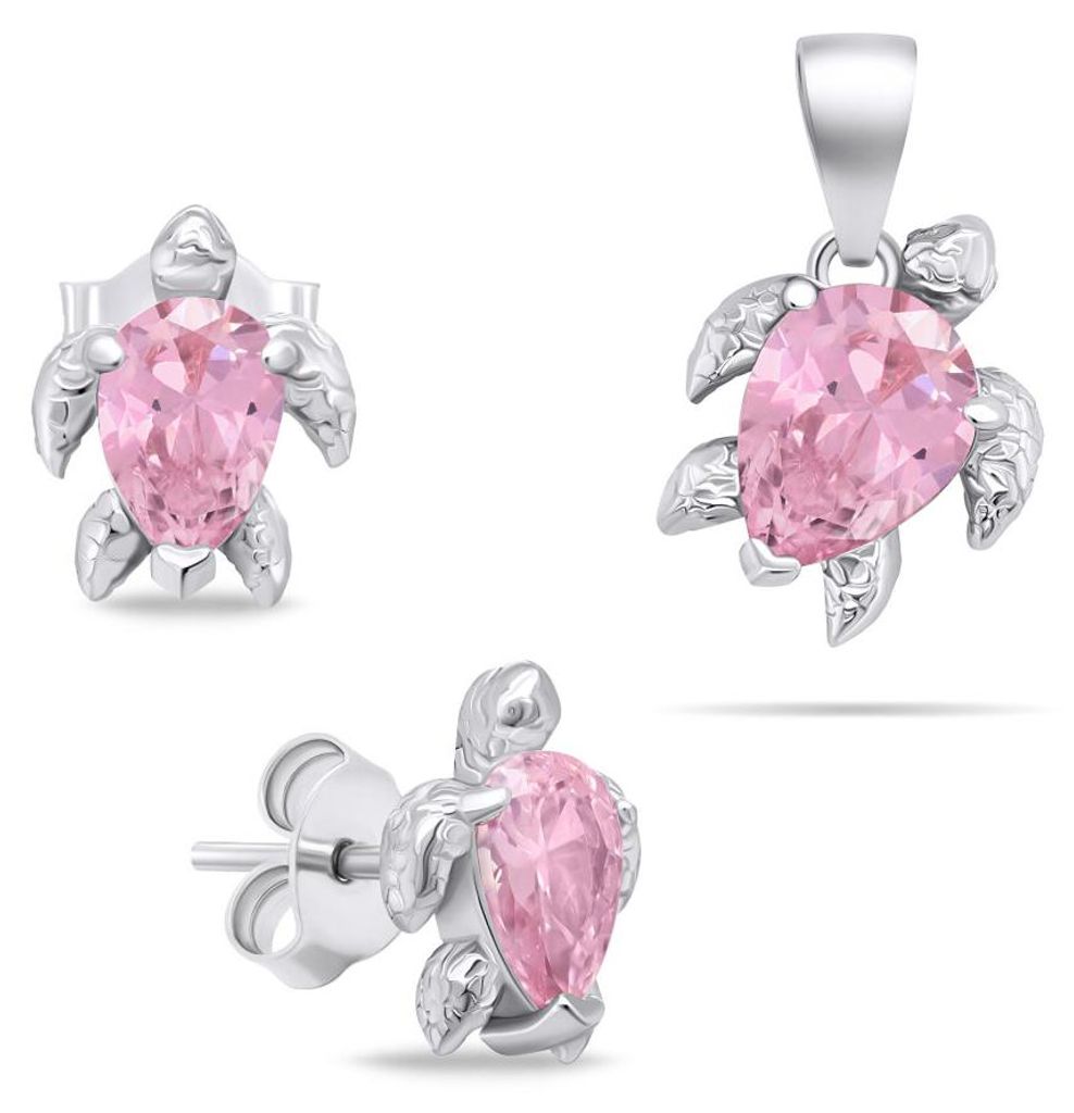 Playful silver jewelry set with zircons Turtle SET233WP (earrings, pendant)