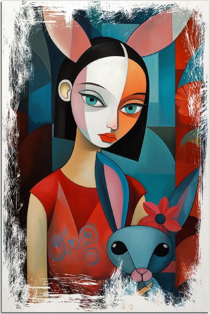 Kunstdrucke Wandbilder Holz in : Brillante Farben, Größe 60 x 90 cm Motiv Kubistisches Hasenmädchen