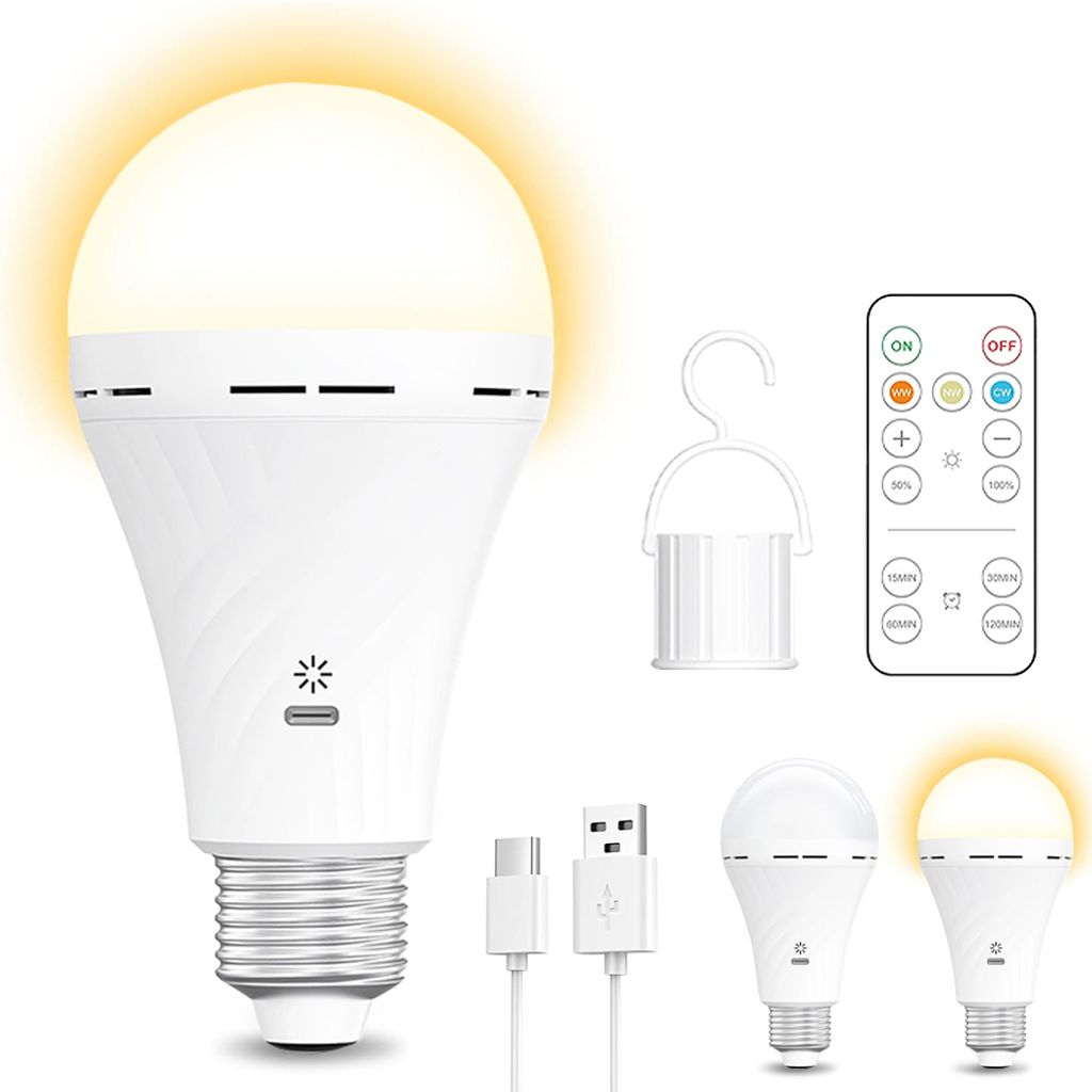 E26 LED Glühbirne USB Rechargeable 2600mAh Lampe mit Fernbedienung,Timing,E26-Sockel&Wiederaufladbare mit Haken für Tischlampe,Pendellampe,Campin...