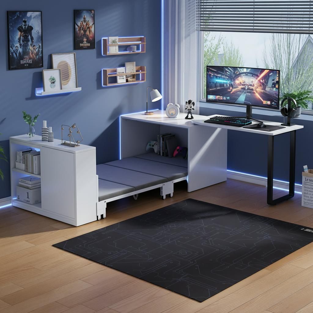 Zerbaco Klappbett, 2-in-1 Schreibtisch und Bett mit Metallgestell, Matratze, Rollen, Schrank mit zwei Staufächern, Weiß