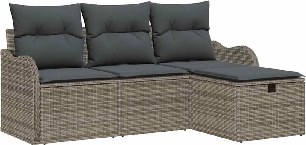 vidaXL Garten-Sofa-Set mit Kissen mit Speicher 4 pcs Grau Poly Rattan