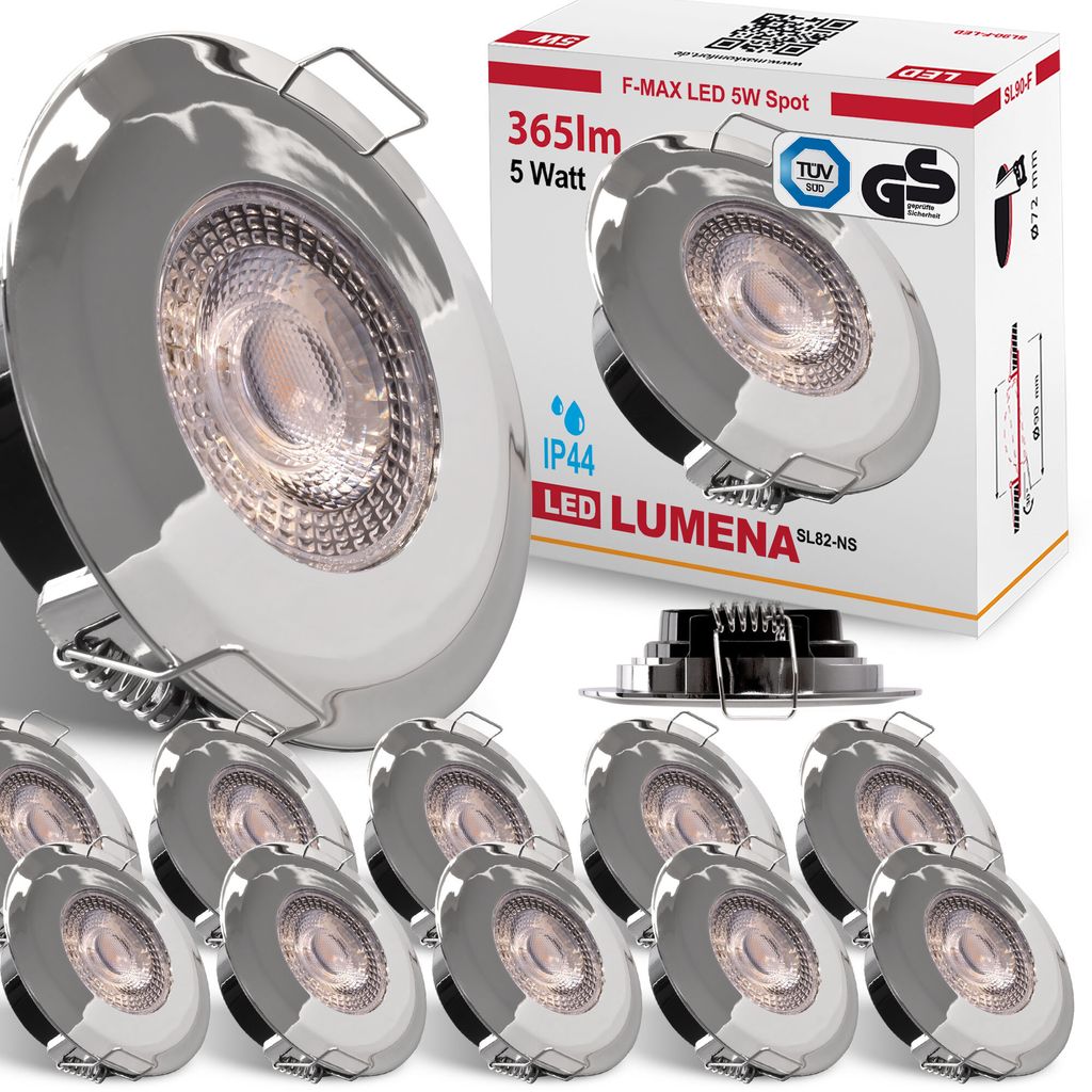 12x LED Bad Einbaustrahler Ultraflach 5 Watt Chrom 230V Rund warmweiß IP44 Deckenstrahler Spot Deckenspot Lumena SL82-NS