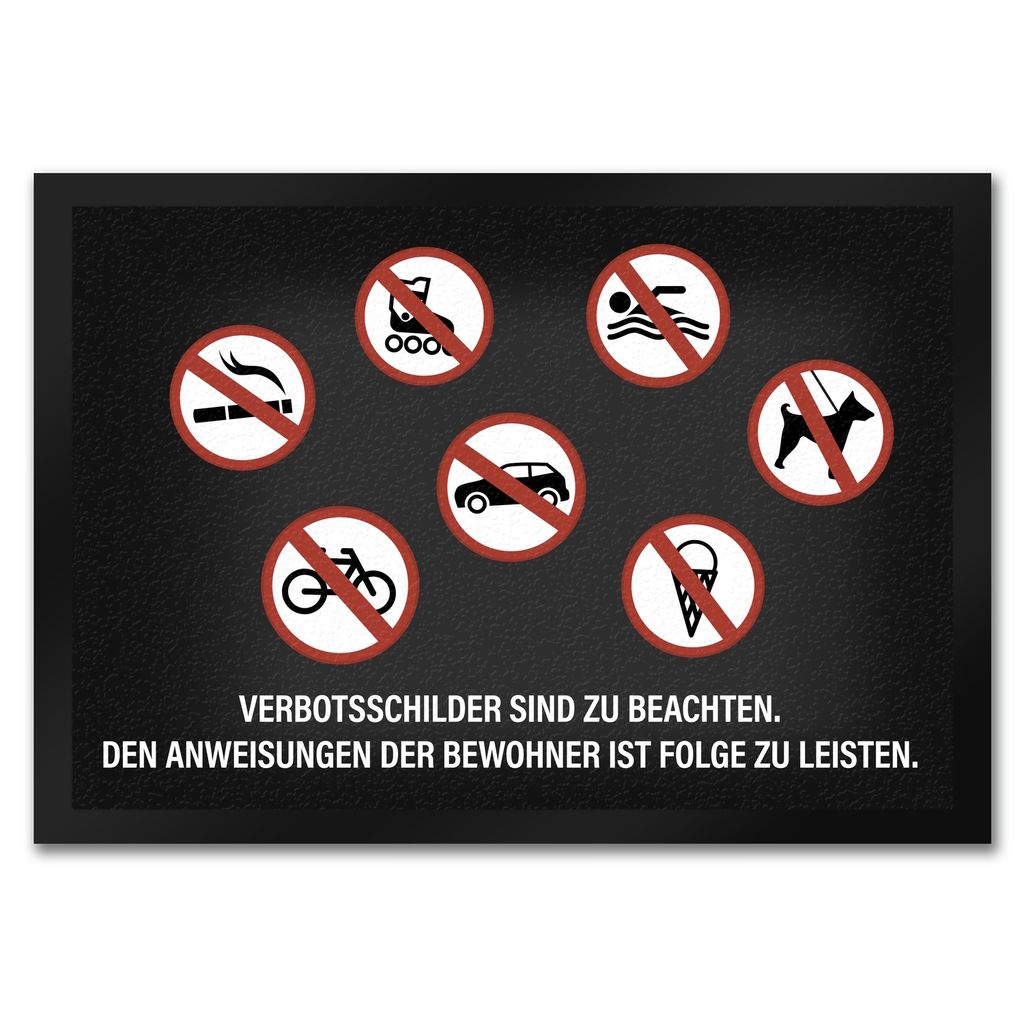 Verbotsschilder sind zu beachten Fußmatte Eis Schwimmen Fahrrad Hund Auto Skates