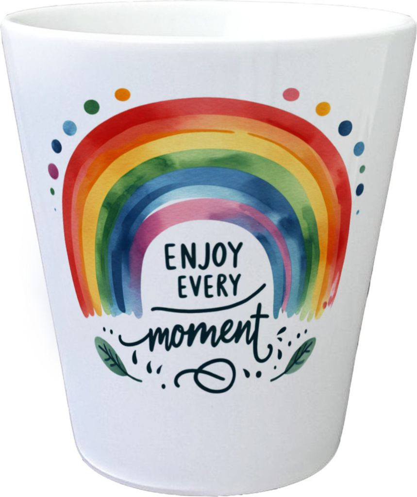 Regenbogen Blumentopf mit Spruch Enjoy every moment