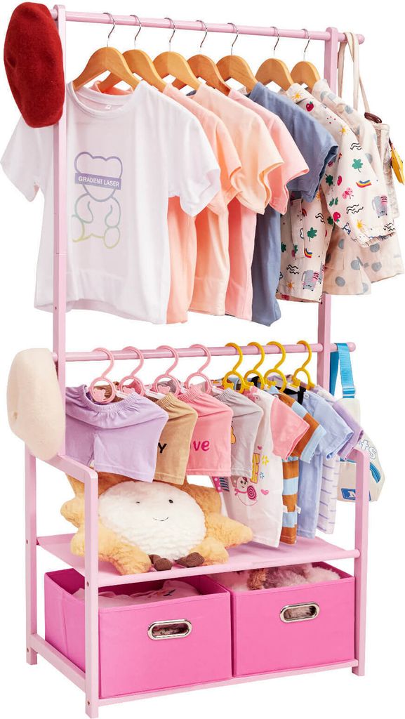 Yorbay Kleiderständer für Kinder aus Bambus für Kinderzimmer und Schlafzimmer Kindergarderobe mit Boxen 74 x 35 x 140cm Rosa
