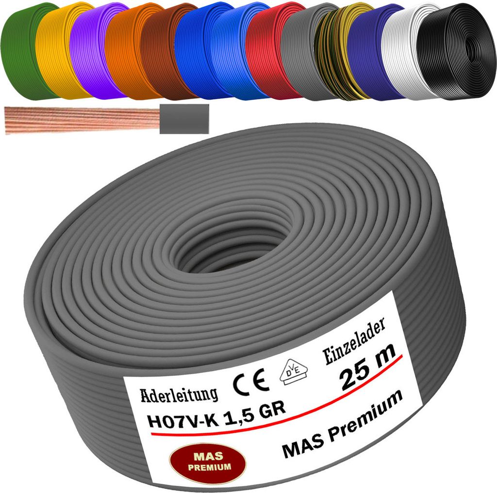 25m Aderleitung H07 V-K GR 1x1,5 mm² Grau Einzelader flexibel