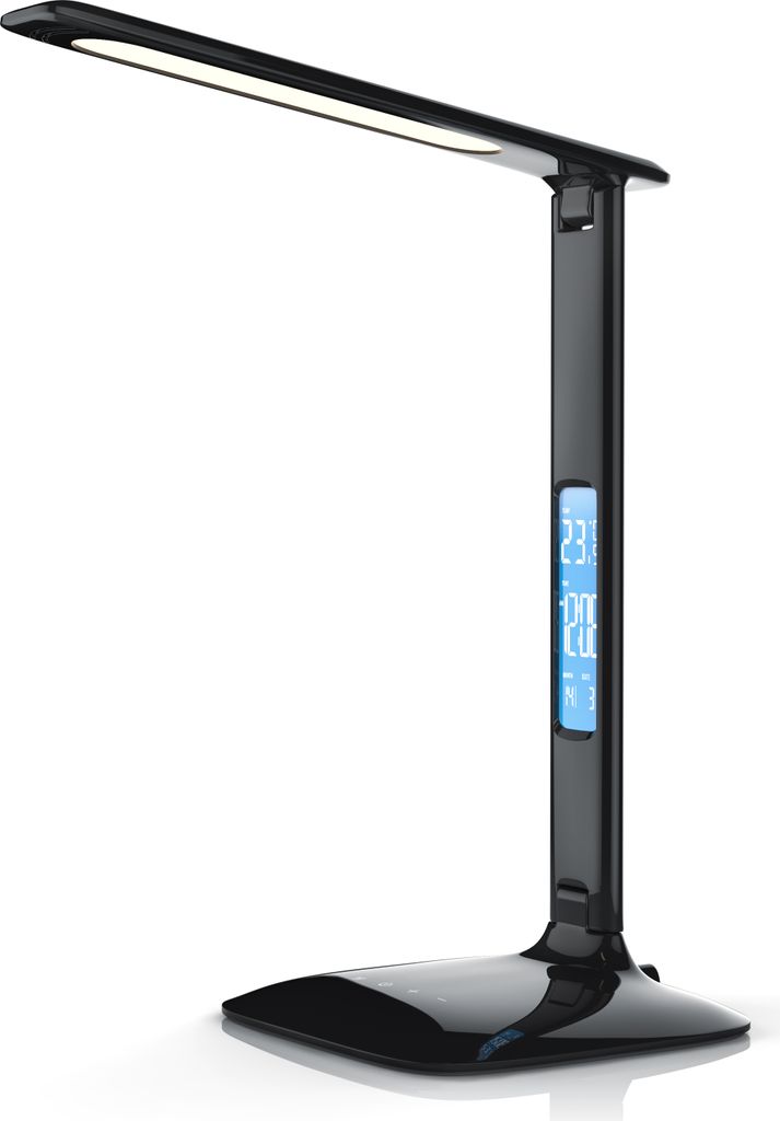 A black LED desk lamp with a digital display on a white background.