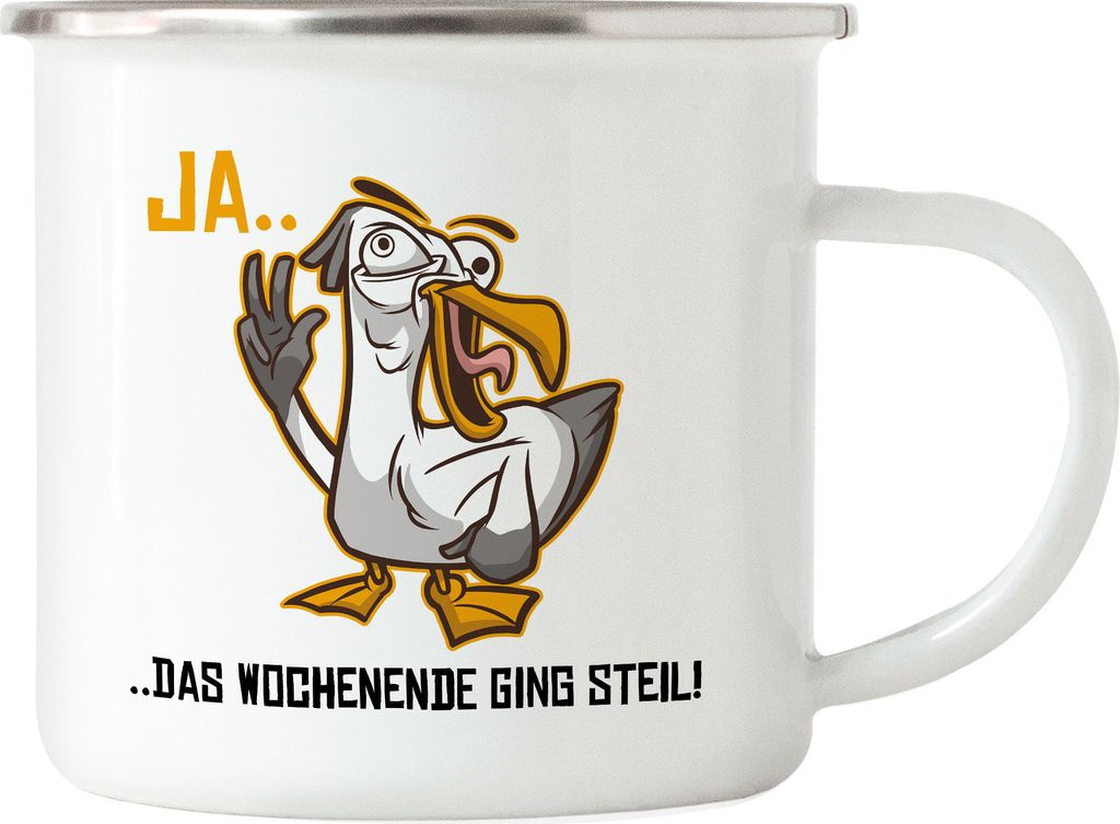 Wochenende ging steil Emaille Tasse Möwe Alkohol Feiern Produktbild 
