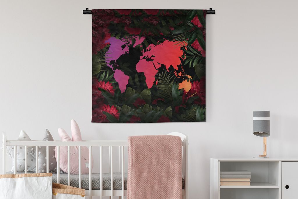 MuchoWow Wandteppich Wandbehang Weltkarte - Farben - Blumen 90x90 cm Tapisserie Dekoration Wandtuch - Wandaufhänger