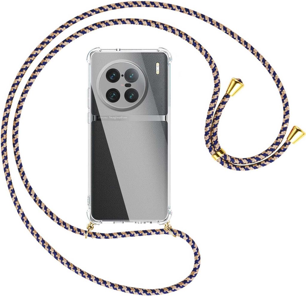 Handykette Backcover-Schutzhülle mit Band (Metall goldfarben) für vivo X90 Pro Plus (V2227A, 6.78'') - blau+beige