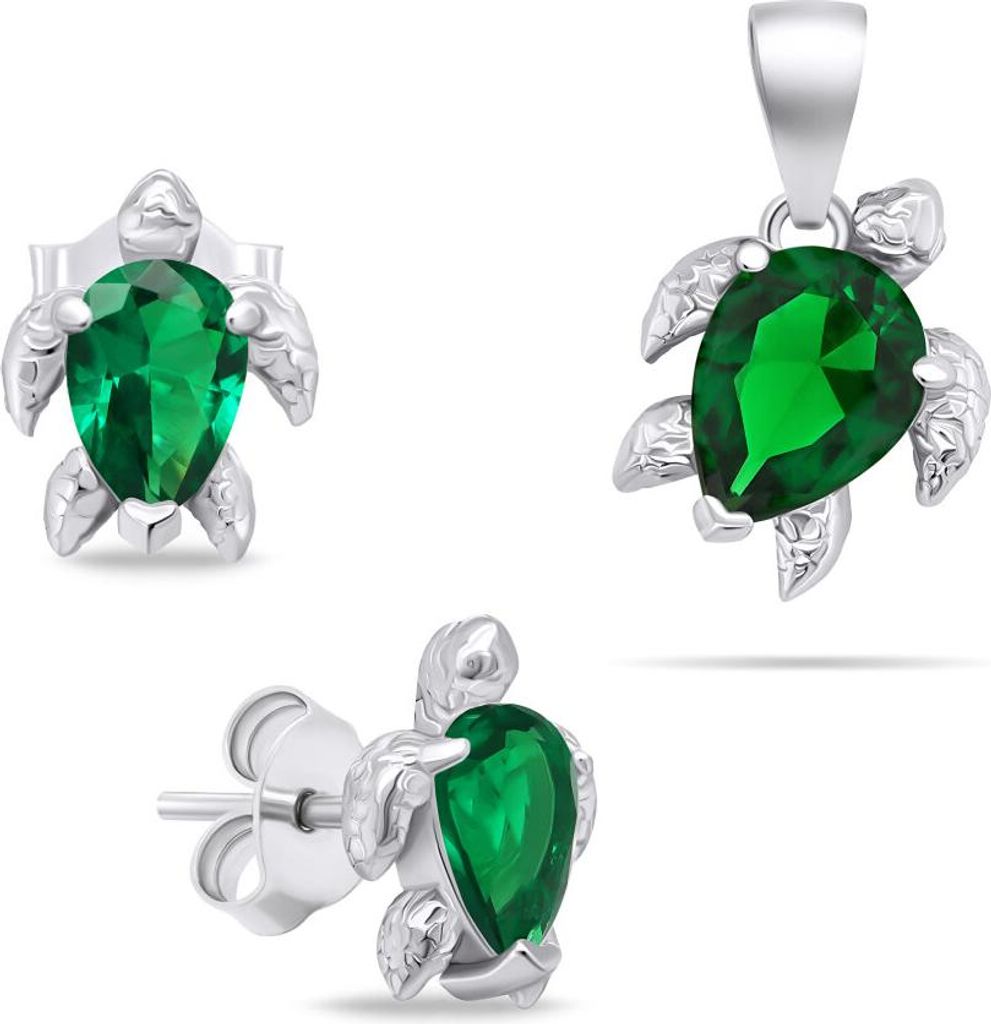 Playful silver jewelry set with zircons Turtle SET233WG (earrings, pendant)