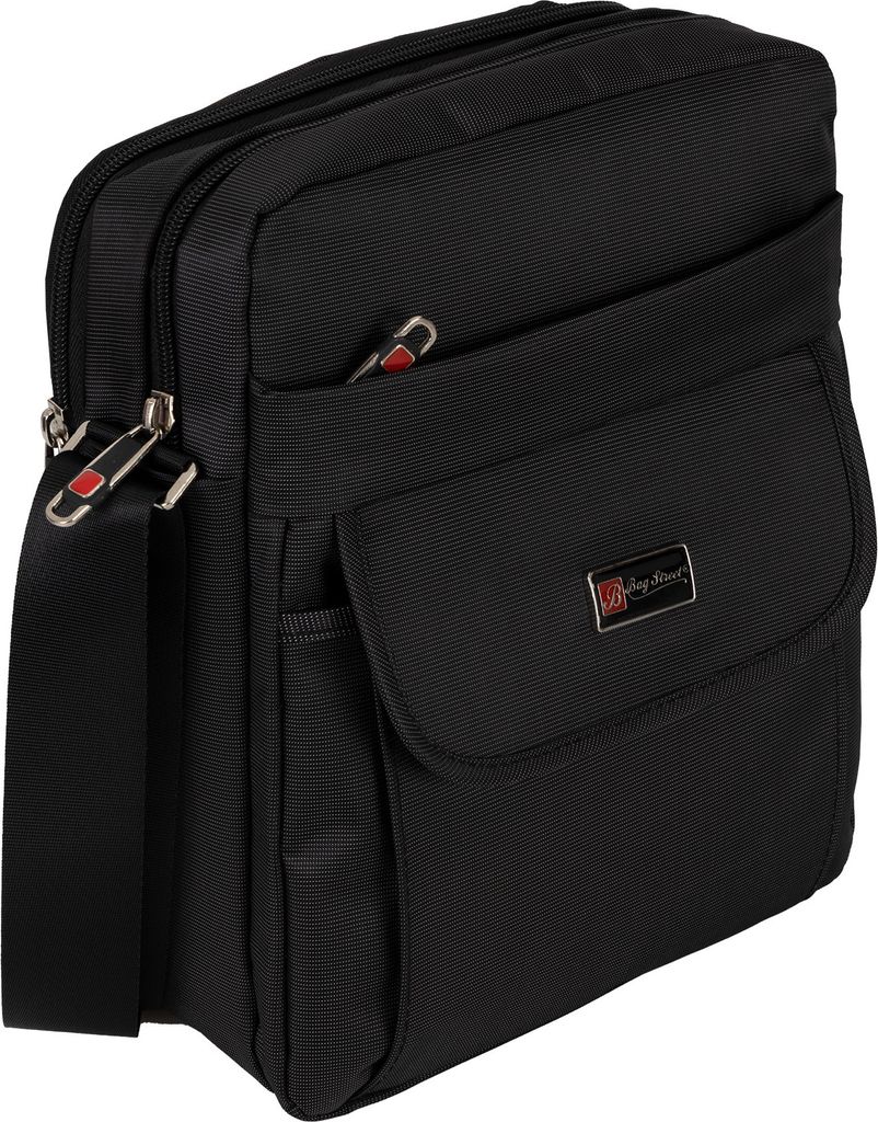 A black messenger bag is shown against a white background.