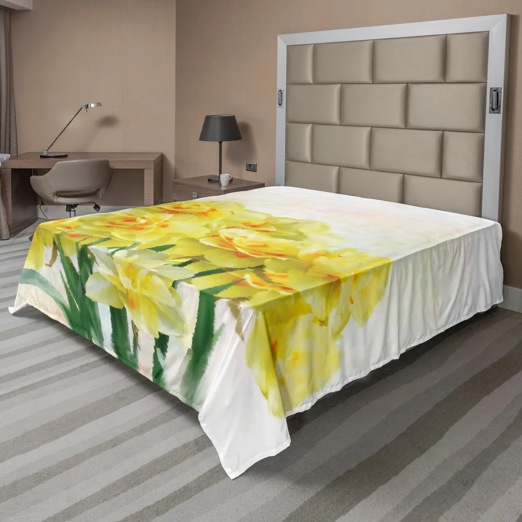 Drap de dessus décoratif floral pour grand lit double jaune 266x260 cm