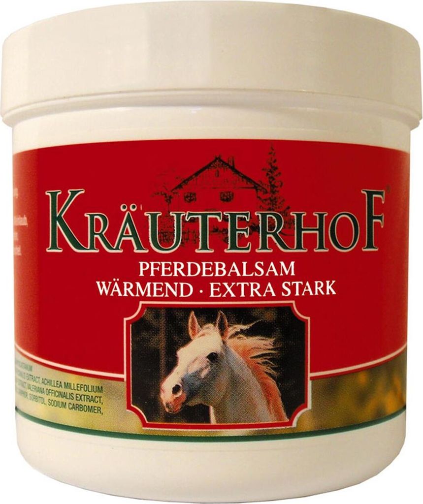 A product shot of a jar of Kräuterhof Pferdebalsam Wärmegel.