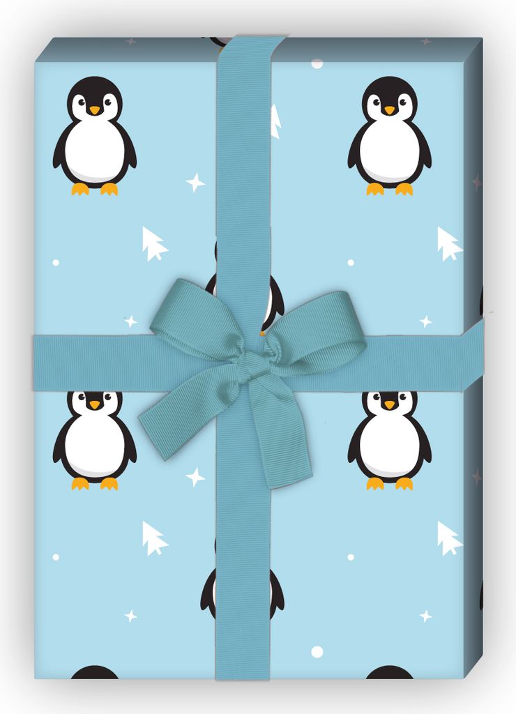 Süßes Weihnachtspapier mit Pinguinen und Weihnachtsbäumen, hellblau - G9824, 32 x 48cm