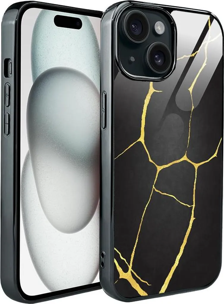 Coque iPhone 15 antichoc en verre IBIZU Kintsugi anti-traces noir
