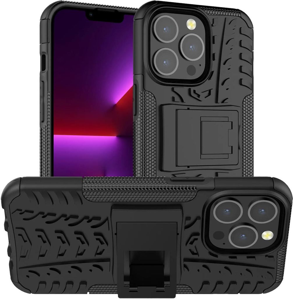 Conie Outdoor Schutzhülle für iPhone 13 Pro Hybrid Silikon Hard Case Cover Hülle mit Ständer in Schwarz