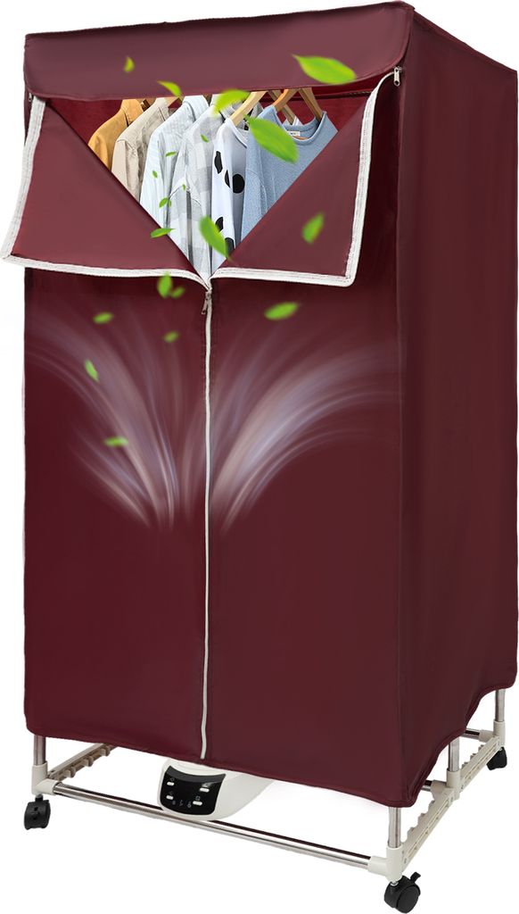 A burgundy electric clothes dryer stand with clothes hanging inside.