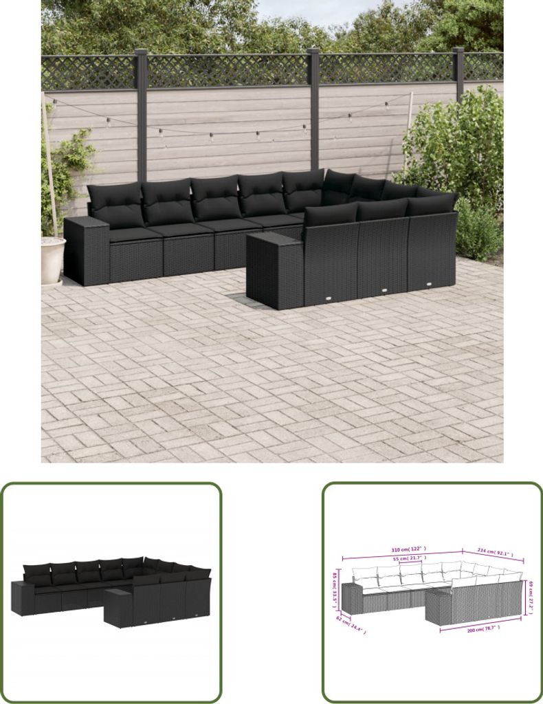 The Living Store 10-tlg. Garten-Sofagarnitur mit Kissen Schwarz Poly Rattan