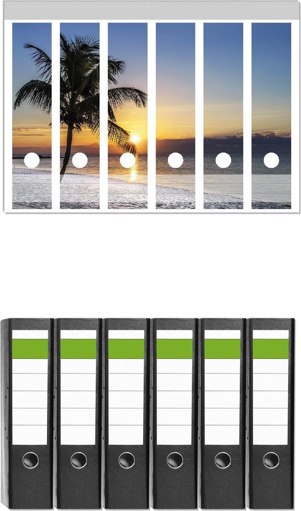 Wallario 6 Stück breite Ordner inkl. Klebeetiketten mit Motive Palme am Strand - Sonnenuntergang über dem Meer - Set mit Rückenschildern / Ordn...