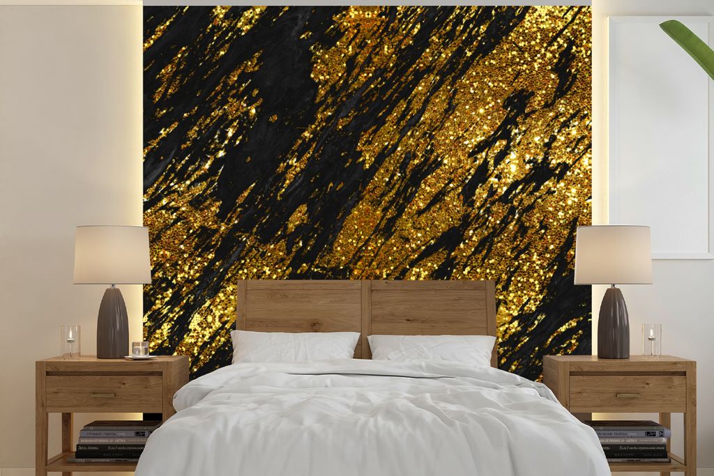 MuchoWow Fototapete für Wohnzimmer oder Schlafzimmer Wandtapete Vinyl Motivtapete Marmor - Gold - Glitter - Schwarz - 240x240 cm - Schlafzimmer-...