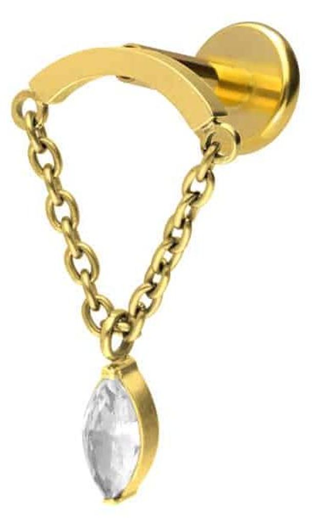 Ohrpiercing, Nasenpiercing Titan Labret mit Innengewinde BOGEN + KETTE + KRISTALLTROPFEN Gold Stablänge: 7mm | Stabstärke: 1,6mm | Discgröße: 1...
