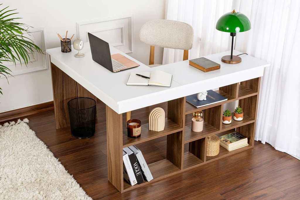 Skye Decor, Vesper - Walnut, White, Schreibtisch, Nussbaum, 100 % Melaminplatte, 130 x 120 x 72 cm