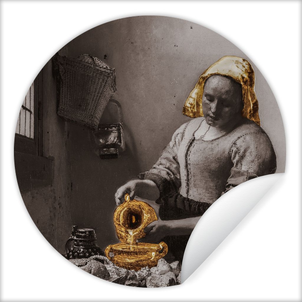 MuchoWow Runde Wandtattoo - Wandsticker Tapete Aufkleber Das Milchmädchen - Johannes Vermeer - Gold Ø 50 cm Selbstklebend und Repositionierbar ...