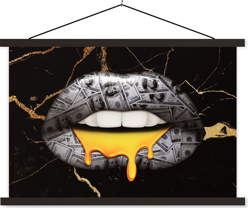 MuchoWow Textilposter Lippen - Geld - Abstrakt 120x80 cm mit schwarzem Rahmen - Wanddeko