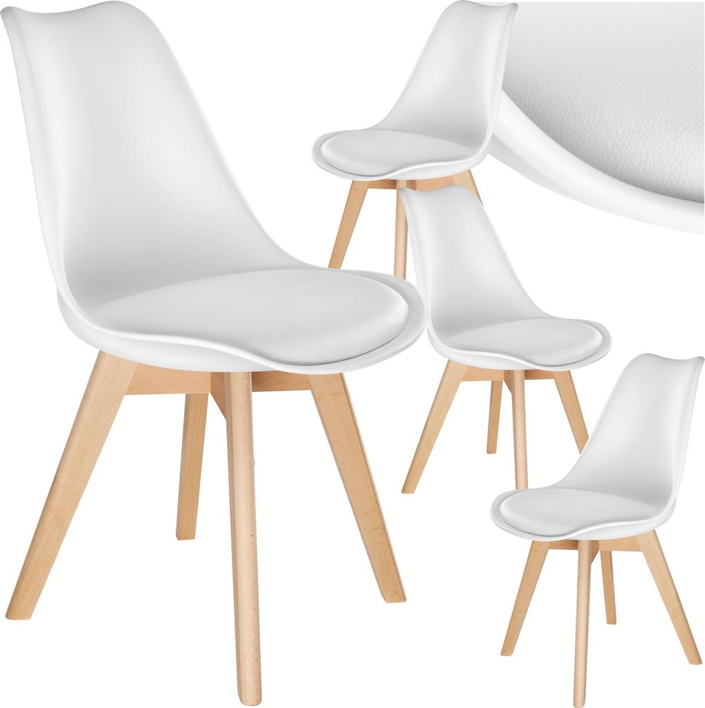 A set of four white dining chairs with wooden legs, arranged on a white background.