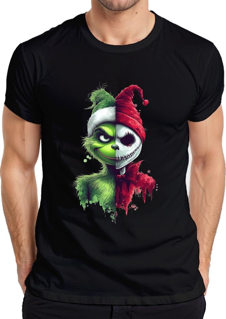 Grinch Skelett Halb Gesicht grün Weihnachten Horror düster Herren T-Shirt, Schwarz, XXL