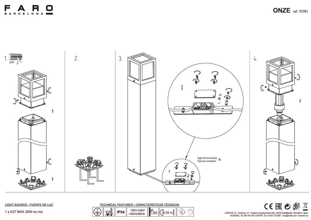 Borne extérieure étanche IP54 ONZE 65cm : éclairage allée durable