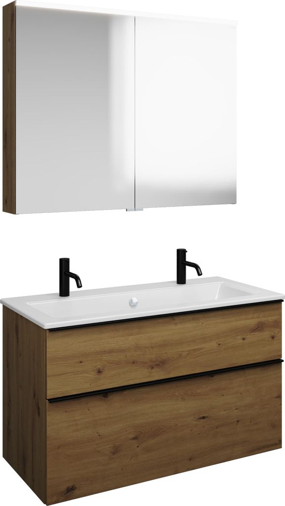 burgbad Eqio Set, bestehend aus Spiegelschrank, Keramik-Waschtisch Slim mit 2 Armaturbohrungen und Waschtischunterschrank, Breite 1020mm, SHCQ102F5...