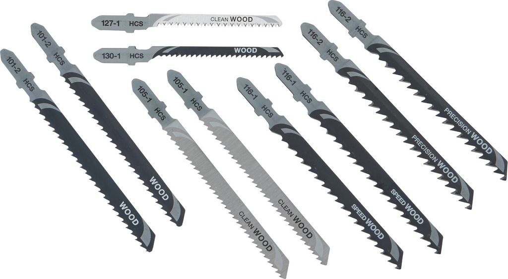 A collection of jigsaw saw blades laid out on a white background.