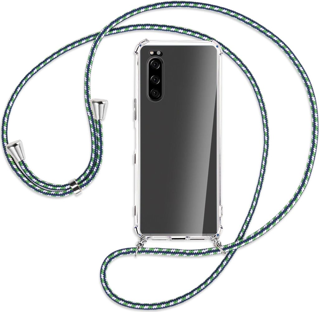 Handykette Backcover-Schutzhülle mit Band (Metall silberfarben) für Sony Xperia 5 - grün/blau/weiß