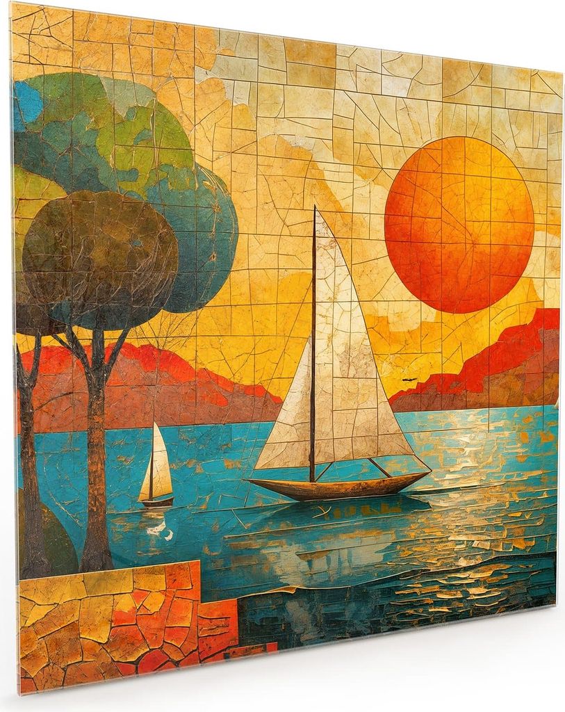 Küchenrückwand Spritzschutz Glas mit Motiv Segelboot im Sonnenuntergang 40 x 40 cm