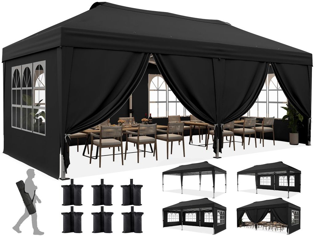 Quictent 3x6m Faltpavillon, Pavillon EIN-Tasten-Zentralverriegelung, faltbar mit 6 Seitenwänden, , Gartenpavillon mit Abflusslöchern,Schwarz