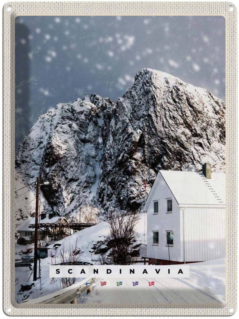 vianmo Blechschild 40x30 cm Skandinawien Schnee Urlaub Winter Berg Haus Bildmotiv Reisemotiv Abenteuer Reisen Europa